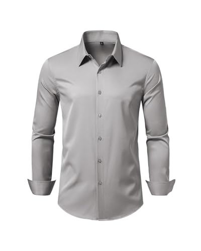 Men's Dress Shirt Slim Fit Casual Business Formal Wedding Long Sleeve Wrinkle Free Button Down Shirts Grey