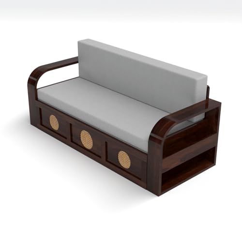 Image of Kunjal Furniture Solid Sheesham Wood Sofa Cum Bed with Storage for Living Room | Natural Finish | 3-Seater Convertible Sofa Bed | Handmade Wooden Furniture (Walnut, Round Cane)