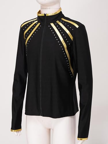 Kaerm Kids Girls Long Sleeve Figure Skating Gymnastics Jacket Shiny Rhinestones Metallic Striped Zipper Sweatshirt Coat3