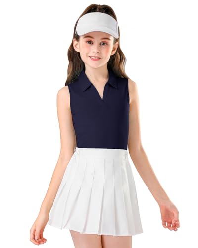 Image of Soneven Girls Sleeveless Polo Shirts Button UP Golf Tennis T-Shirts with Collared Quick Dry Tank Tops for 4-14 Years
