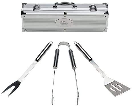 Pink pari Stainless Steel BBQ Grill Tool Kit 3 PCS Set : Tong, Meat Fork, Spatula + Black Carrying Bag for Picnic Camping Travel Cooking Grilling