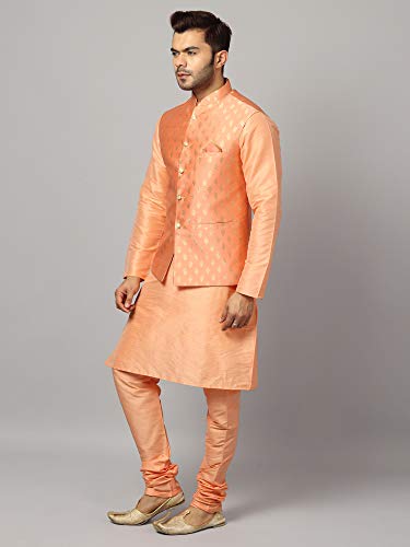 Uri and MacKenzie Men's Silk Blend Regular Kurta Churidar Pyjama with Bundi Nehru Jacket/Waistcoat