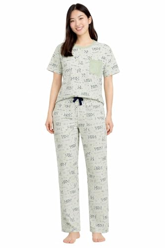 Fabienne Womens Sleepwear T-Shirt and Pants Turkish Cotton Pajama Set Homewear Sleepwear with Attractive Fruit Prints (UAE/KSA Alpha L Regular Regular Mint Green-Panda)