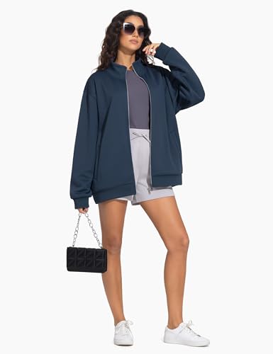 THE GYM PEOPLE Women's Oversized Full Zip Up Sweatshirts Fleece Long Sleeves Stand Collar Workout Jacket with Pockets