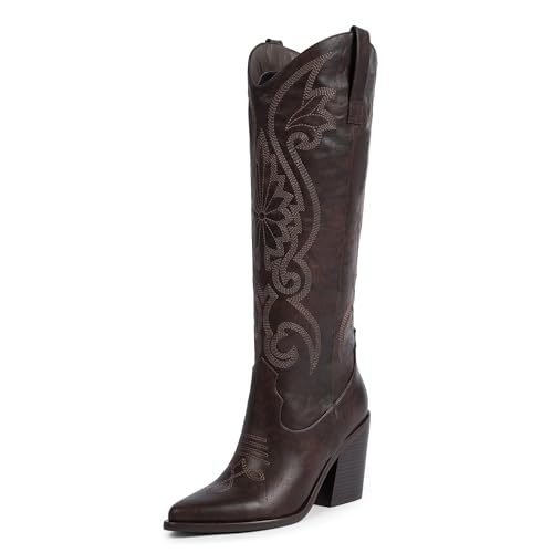 Modatope Cowboy Boots for Women Chocalate Retro Dark Brown Chunky
