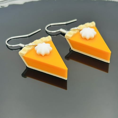 Handmade Pumpkin Pie Dangle Earrings, Fall Earrings, Plastic, 1.5 Inch Length, Whipped Cream Design, Novelty Dessert Theme, Silver-Tone Fish Hook, Party Wear, 2 Pieces3