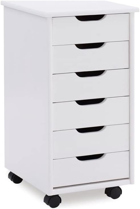 Linon Callie Multipurpose Six Drawer Wide Wood Rolling Storage Cart with Casters in White Wash