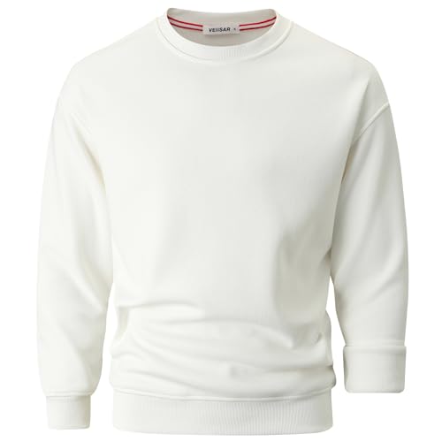VEIISAR Herren Heavy Weight Pullover mit Rundhalsausschnitt 410g Warmes Sweatshirt für Herbst & Winter - Dickes Fleece-Innenfutter (White M)