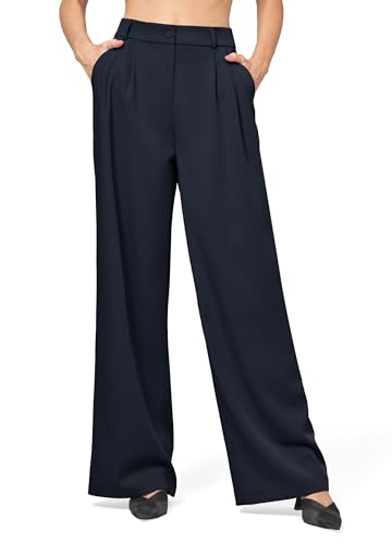 WILLIT Damen Hosen Weites Bein Stoffhose Bequeme Elegante Damenhose Lässig Hohe Taille Business Hose mit Taschen 30' Navy M
