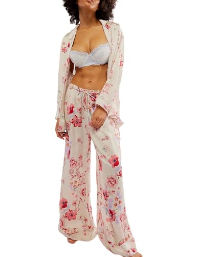 Image of Yimoon Satin Pajama Set for Women Silk Pajamas Set 2 Piece Floral Cute Pj Set Long Sleeve Pjs Sleepwear