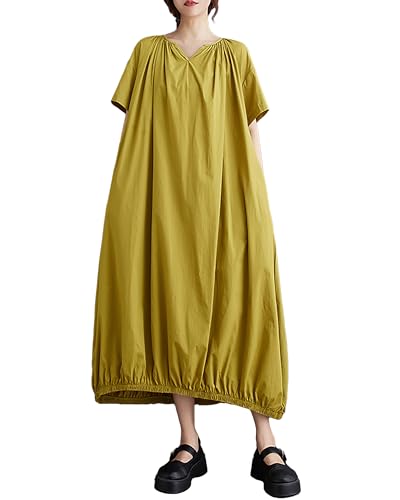 Image of ellazhu Women's Dress Short Sleeve V Neck Below Knee Solid Color Oversize Loose Casual Summer GZ236