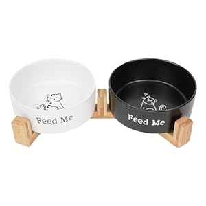 cat food bowls with wood stand for food & water, basic ceramic cat bowls for indoor cats, Weighted Pet Bowl Set, black and white