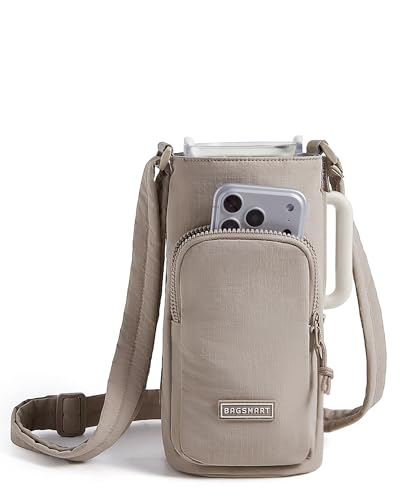 BAGSMART 40oz Magnetic Water Bottle Holder with Strap Drink Carrier Bag Crossbody Gym Bag Gym Accessories for Women/Men Khaki