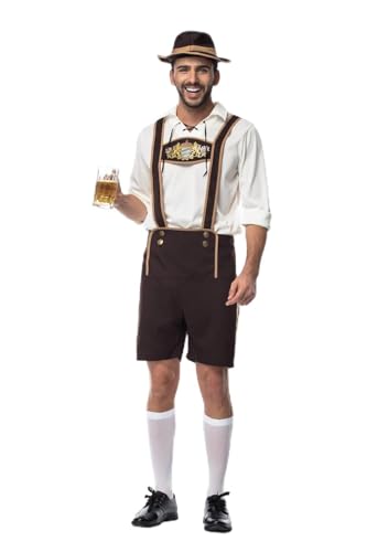 Vocole Men's Lederhosen Oktoberfest Beer Festival Costumes German Bavarnian Shirt Shorts Hat Outfit Halloween Fancy Dress (Brown,2XL)