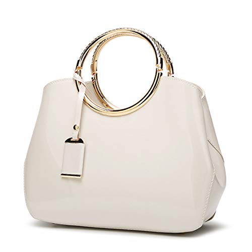 Bolsas femininas, bolsas femininas com alça superior, bolsas de ombro elegantes de couro envernizado para trabalho, casamento, compras, namoro, Branco, Large