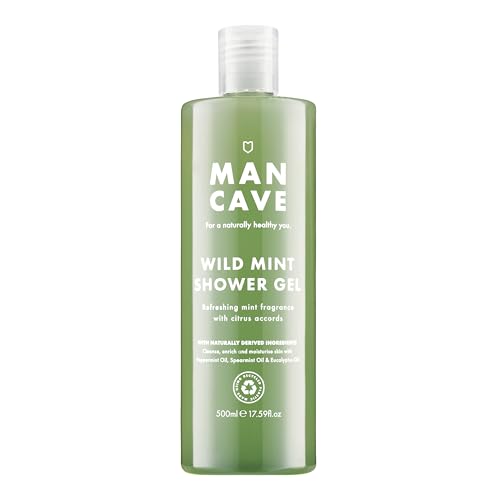 ManCave Gel de Ducha Hombre de Menta Silvestre, 500 ml – Gel de Baño de Aroma Energizante y Fresco con L-Arginina - Fórmula Natural, Vegana, Sin Sulfatos ni Parabenos
