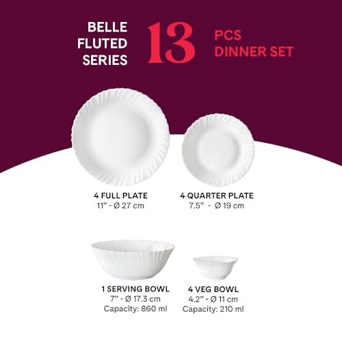 Image of Larah by Borosil Belle Fluted Series Opalware Dinner Set | 13 Pieces for Family of 4 | Microwave & Dishwasher Safe | Bone-Ash Free | Crockery Set for Dining & Gifting | Plates & Bowls | White
