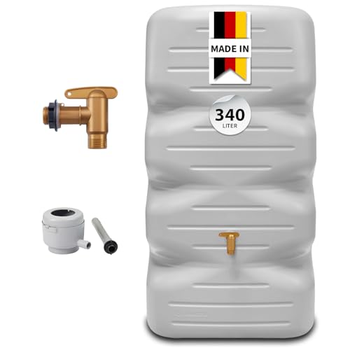 GARANTIA CUBUS Regentonne Komplett-Set 340L Betongrau – Gartentank mit Auslaufhahn + Fallrohranschluss – Dekorativer Wandtank/Wassertank für Garten – Frostsicherer Regenwassertank/Regenwassertonne