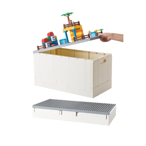 SHIMOYAMA 53 Qt. Folding Storage Box with Large Building Lid for Lego Duplo Blocks 13 Gallon Collapsible Organizer for Lego Bricks (Gray)
