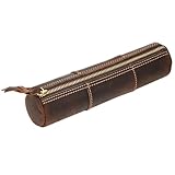 ECHSRT Genuine Leather Pencil Case, Full-Grain Cowhide Leather Pouch, Small Pencil Pouch for Men, Vintage Pen Bag for Adults, Stationery Organizer Case for Work & Travel-Cylinder-Coffee