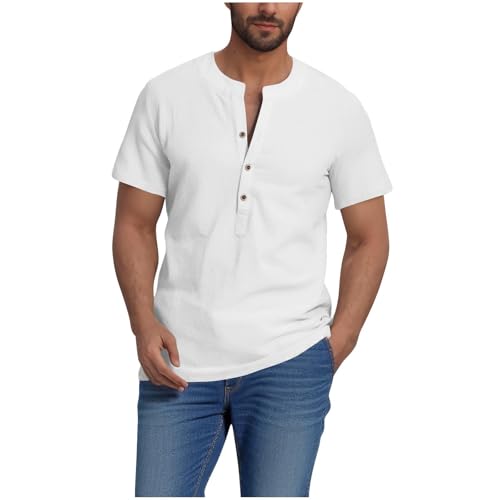 Henley Shirts for Men Short Sleeve Button V Neck Gym Workout Athletic Tees Fashion Casual Loose Vacation Work Top 3XL White