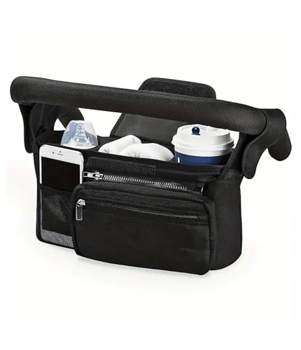 Image of GajetNest Universal Stroller Organizer with Insulated Cup Holder Detachable Phone Bag and Carry Strap Fits Uppababy, Baby Jogger, Britax, BOB, Umbrella and Pet Stroller and more (Black)