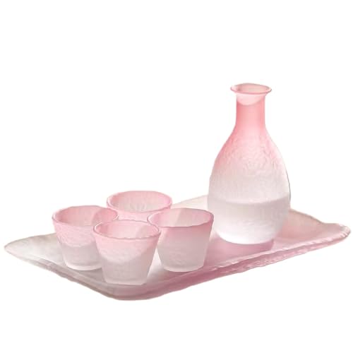 HOHOUNCSY ガラス酒器セット 冷酒セット 徳利 盃 セット徳利酒コップ 磁器 日本酒用 グラス 和食器 和風 おしゃれ シンプル 透明 酒器 居酒屋 家庭用 父の日 結婚祝い 還暦祝い 退職祝い 誕生日 男性 プレゼント (ピンク,6点セット-ガラ