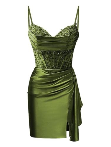 Miao Duo Spaghetti Strap Short Tight Homecoming Dresses 2025 Lace Satin Cocktail Party Dress with Wrap Train YZTS272