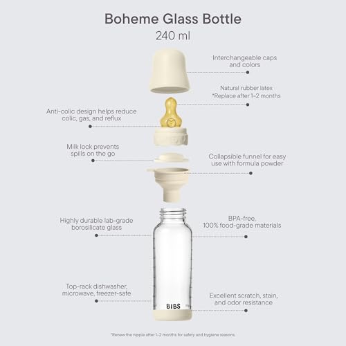 Image of BIBS Boheme Baby Glass Bottle 8 oz /240 ml. Anti-Colic. Round Natural Rubber Latex Nipple. Supports Natural Breastfeeding - Blush