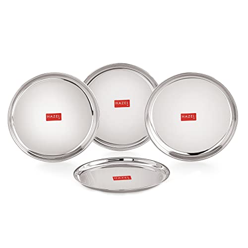 Image of HAZEL Stainless Steel Dinner Plate with Glossy Finish | Thali Plates for Kitchen | Serveware Snacks Plates for Kids | Breakfast Plates Set of 4, 21 cm