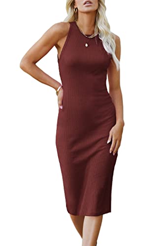 Image of PRETTYGARDEN Women's Summer Ribbed Bodycon Midi Dresses | Soft Stretchy Knit, Sleeveless Tank Dress, Slim Fitted, Elegant Spring Outfit for Work, Vacation Travel, Date Night, Party