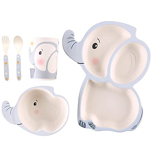 LILY PAD + LITTLE MR - Childrens Dinnerware Set (Little Ellie Elephant), Toddler Gifts for Boys and Girls, Baby Bowls, Kids Divided Plate, Bowl, Utensils, Cup, Children Dishes