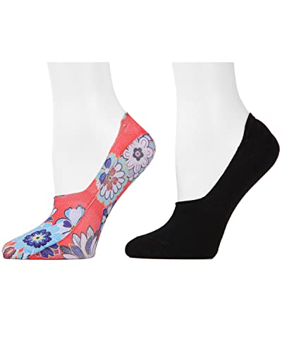 Natori Women's 4 Pair Pack Funky Floral No-Show Liner Socks Red/Black 9-11