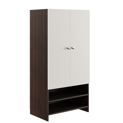 Image of FURNEASER YSH Engineered Wood Wardrobe Almirah for Clothes with 2 Doors & Open Shoe Rack | Wooden Closet Cabinet Organizer for Bedroom Living Room | Storage Cupboard (Wenge & White)