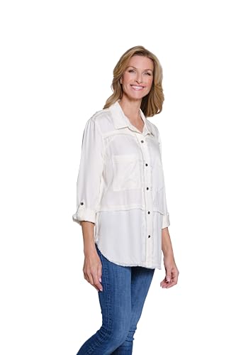 MULTIPLES Women's Roll Tab Long Sleeve 2-Pocket Button Front Fringed Shirt3