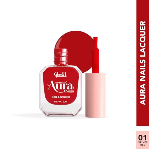 Image of Glam21 Aura Nails Nail Lacquer |Long-Lasting, Quick-Dry, High-Shine Nail Enamel | Chip-Free Formula | Smooth Application & Vibrant Finish |60 Striking Shades | 10ml Each | Pack Of 2 (Velvet Red & Red Tease)