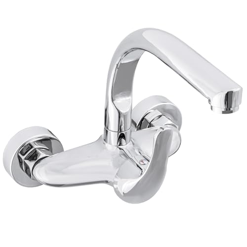 VALAZ Grifo Cocina Pared Cromado 15cm | Grifos de Cocina Fregadero Monomando, Ahorro de Agua, Alta Presión, Giratorio | Instalación Fácil y Rápida | Latón, Elegante, Acero Inoxidable, Redondo