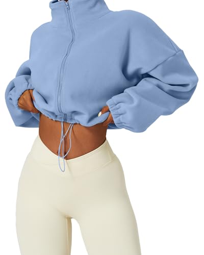QINSEN Women\'s Polar Fleece Bomber Jacket Full Zip Stand Collar Short Coat Cozy Winter Warm Outwear Sky Blue S
