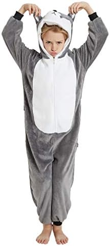 ANBOTA Kids Dog Costume Onesie for Halloween Boys Girls Husky Puppy Cosplay Fleece One Piece Pajama, Gray, 140