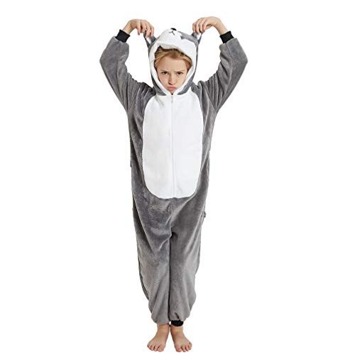 ANBOTA Kids Dog Costume Onesie for Halloween Boys Girls Husky Puppy Cosplay Fleece One Piece Pajama, Gray, 140