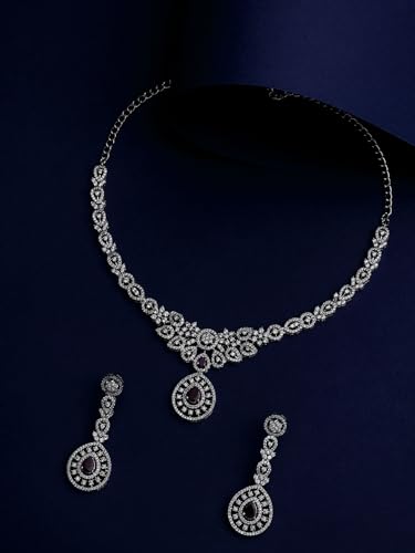 Image of ASMITTA Jewellery American Diamond Necklace Set Rhodium Plated Choker Necklace with Earrings for Weddings, Parties & Festivals