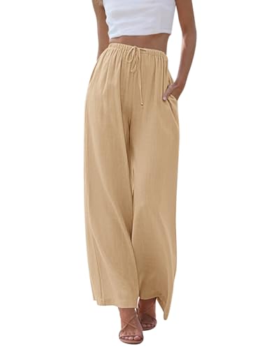 Image of UMIPUBO Womens Linen Pants Flowy Palazzo Wide Leg Pants | Casual Pants,High Waisted Drawstring Trousers,Drawstring Elastic Waist Trousers,Summer Beach Vacation Pants