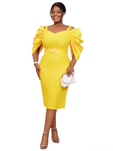 AOMEI Women's Yellow Lace Pencil Dress Short Pile Up Sleeves Slim Fit Midi Dresses