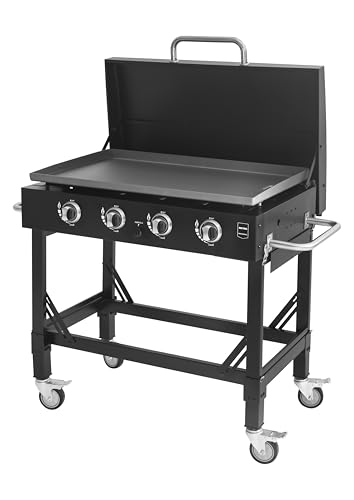 METRO PROFESSIONAL Barbecue Plancha à Gaz avec 4 Brûleurs Dayton, Acier Inoxydable, 14.8 kW, Allumage par Impulsion, 4 roulettes Pivotantes, Pliable, Noir