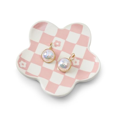 Koythin Aesthetic Jewelry Tray for Girls, Decorative Bedroom Vanity Organizer, Preppy Teen Room Decor Accessories, Gift for Women (Pink Checkered Flower)