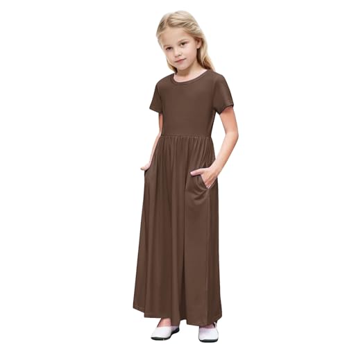 Girls Color Block Summer Dresses Short Sleeve Long Maxi Dress A Line Casual Sundress with Pockets