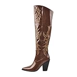 VERISSON Cowgirl Stitched over the Knee Boots Western Cowboy Nubuck Leather Point Toe Low Heel Cogna