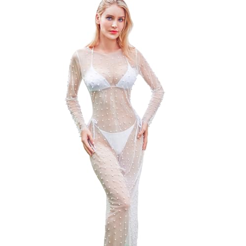 Willow Dance Women's Sheer Mesh Pearl Rhinestone Cover Up Beach Dress Swimwear Bikini Swimsuit Bathing Suit Coverups, White, Large