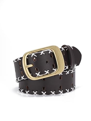 Western belt for cowboy cowgirl,Edge Stitched Brown Genuine Leather Belt with Vintage Buckle for Jeans and Pants