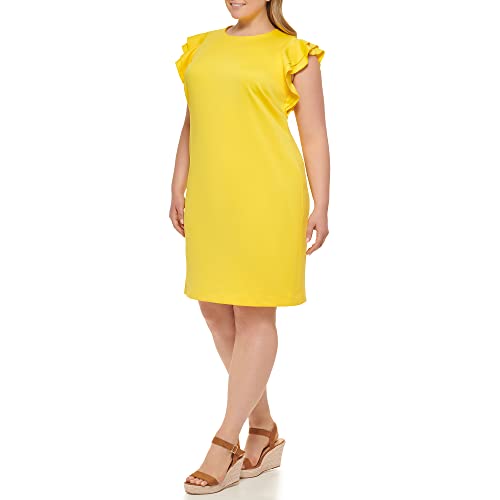 Image of Tommy Hilfiger Women's Sleeveless Ruffle Hem Jewel Neck Crepe Sheath Mini Dress